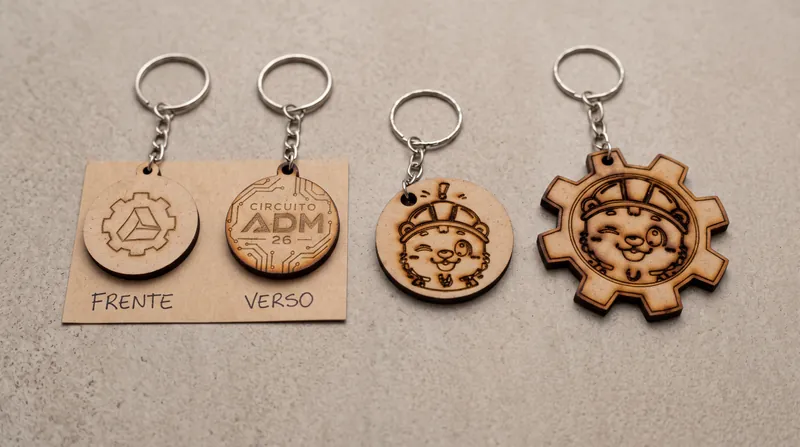 Conjunto de chaveiros em MDF de 3 mm com gravação detalhada a laser e furação para corrente