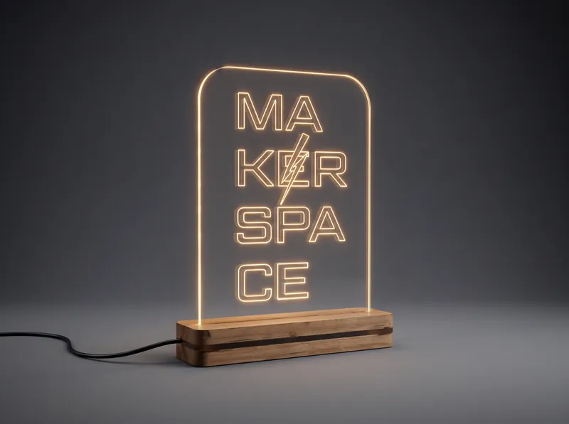 Placa de sinalização em acrílico com logotipo gravado a laser e iluminação por fita LED